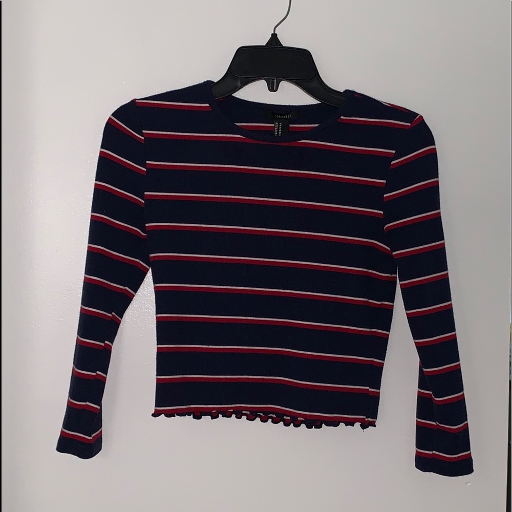 Forever 21 Blue/Red Striped Long Sleeve Crop Top